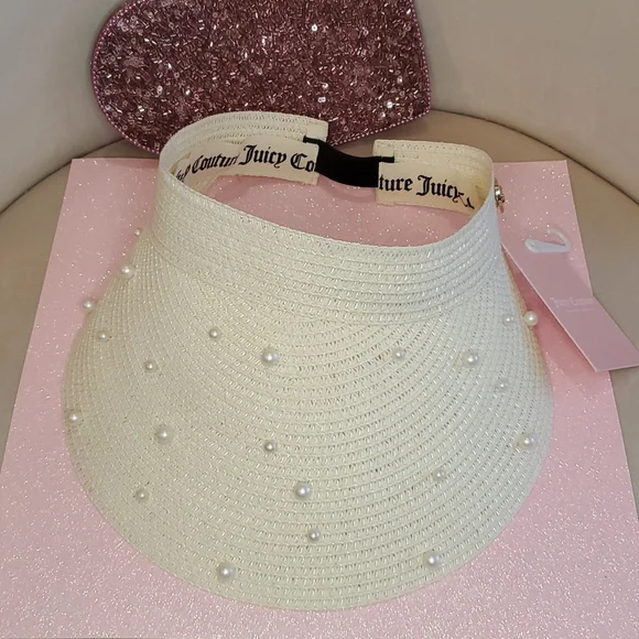 NWOT JUICY COUTURE tan straw hat visor with sequins. One Size. Juicy Couture Womens Straw Hat/ Sun Visor Faux Pearl  main image 2